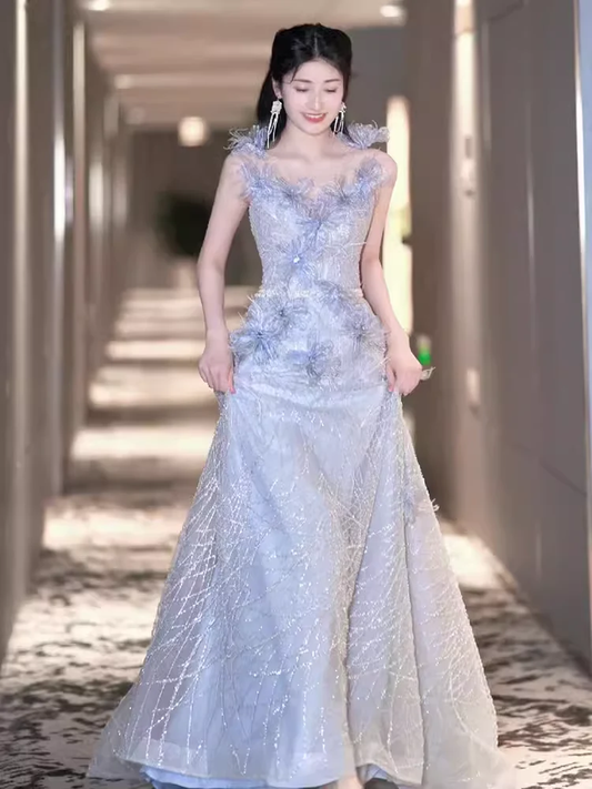 A line Straps Sequin Beads Long Evening Dress Prom Dresses With Flowers fg8586