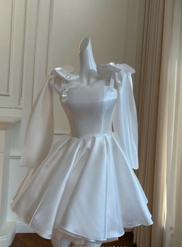 Cute White satin Short Prom Dress Homecoming Dress Y8583