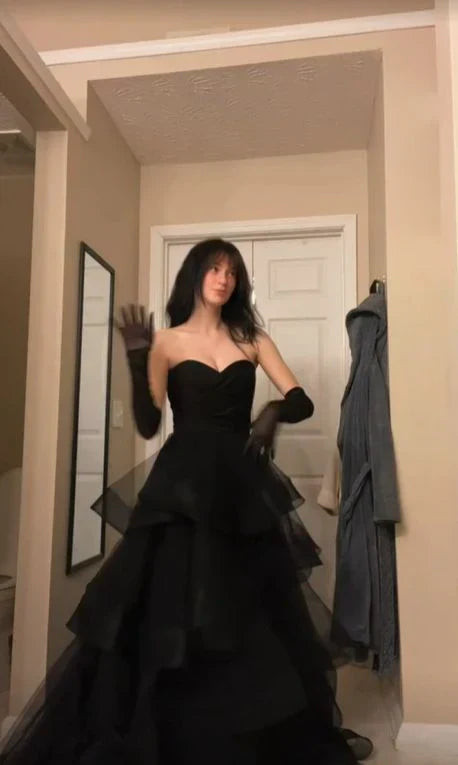 A-line Tulle black Layers Long Party Dress, Black Tulle Prom Dress S6750
