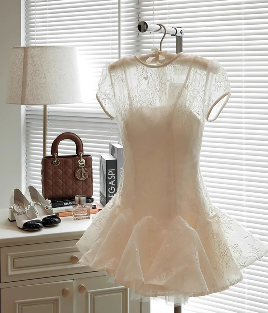 White Applique Design A-line Lace Short-sleeved Party Dress Homecoming Dresses D1448