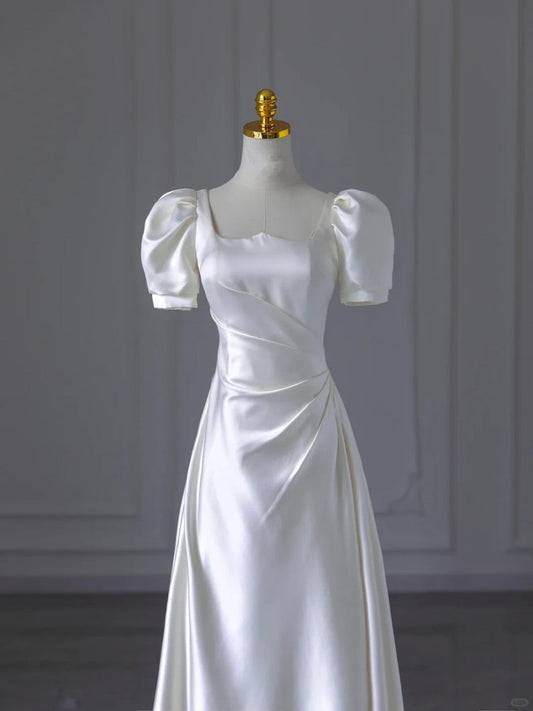 White Satin Short Sleeves A-line Wedding Party Dress, White Satin Formal Dress