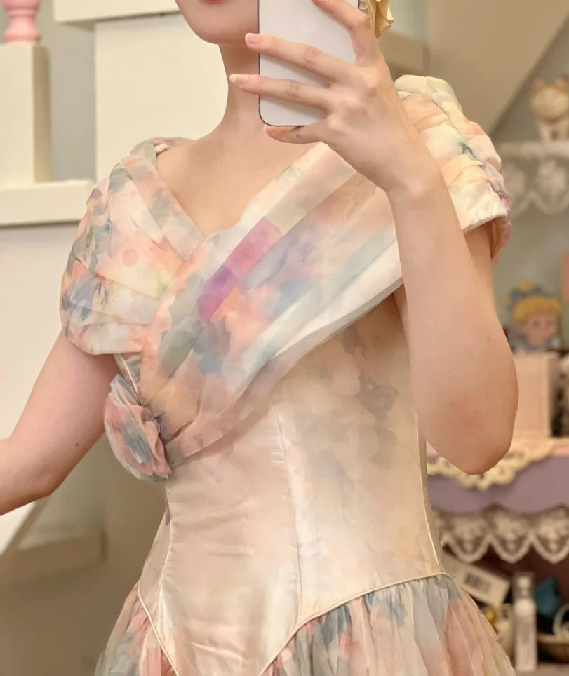 Colorful Prom Dress V-neck Pleated Evening Dress Long Cocktail Outfits Gala Gown D5000