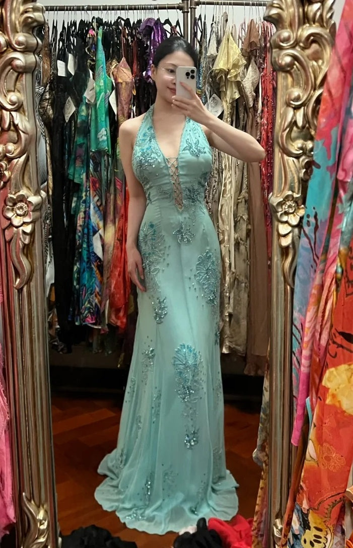 Elegant Prom Dress Halter Evening Dress Long Cocktail Outfits Gala Gown Birthday Party Dress D5002