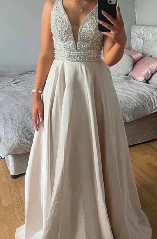 Gorgeous Prom Dress V-neck Beading Slit Evening Dress Long Cocktail Outfits Gala Gown D5006