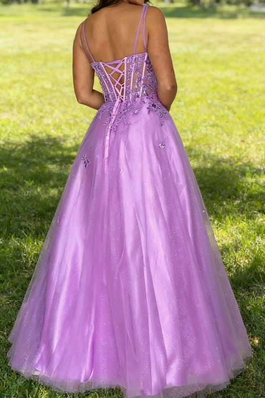 Morden Prom Dress A Line Purple Spaghetti Straps Pleated Tulle Long Gala Gown Evening Dress Party Outfits D5016