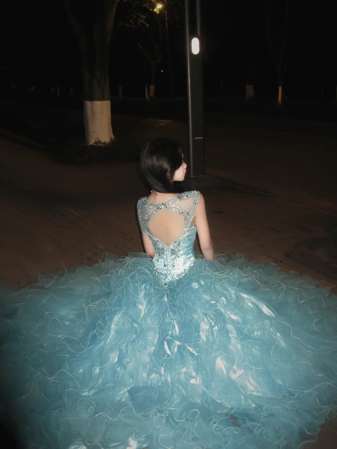 90s Retro Ball Gown Light Blue Sweetheart Ruffle Gala Gown Evening Dress Prom Dress D5021