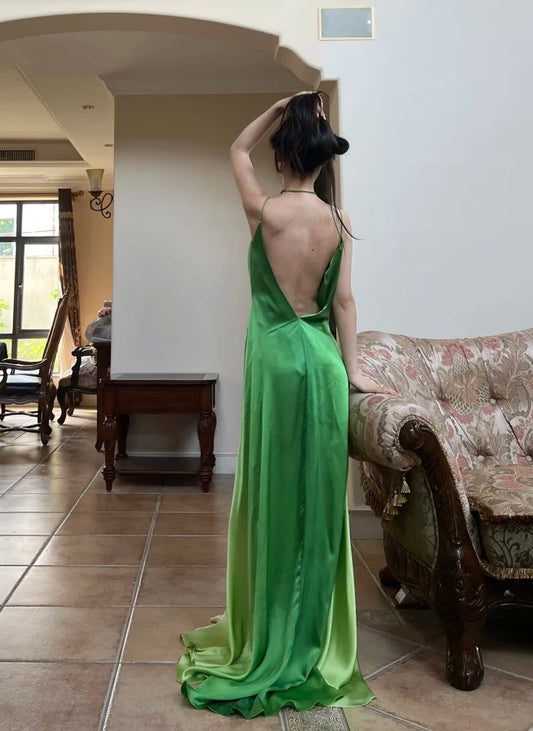 90s Prom Dress Ombre Green Spaghetti Straps Backless Gala Gown Evening Dress Party Outfits D5023