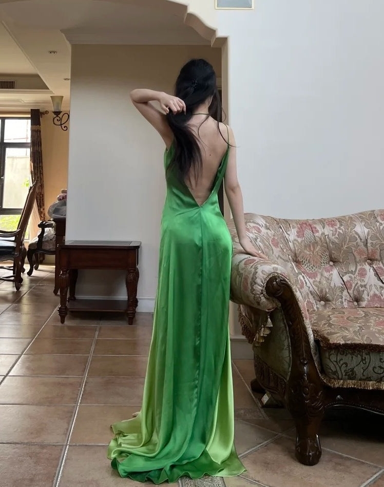 90s Prom Dress Ombre Green Spaghetti Straps Backless Gala Gown Evening Dress Party Outfits D5023