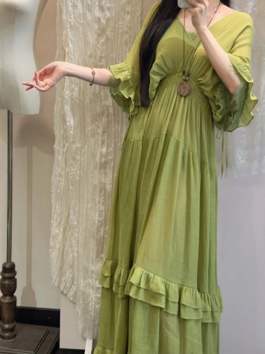 Beauty Prom Dress Green V-neck Pleated Gala Gown Evening Dress Party Outfits D5032