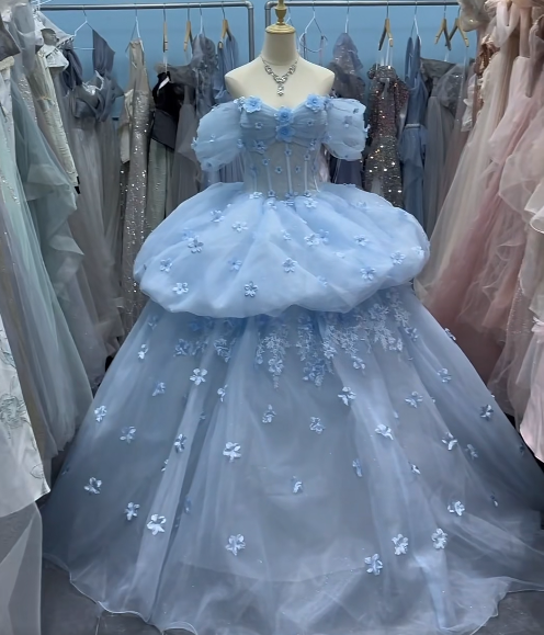 Charming Ball Gown Light Blue Off Shoulder Floral Evening Gala Gown Prom Dresses Quinceanera Dress D5034