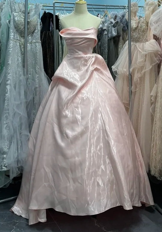 Pretty Ball Gown Satin Strapless Pleated Evening Dress Gala Prom Gown Quinceanera Dress D5037