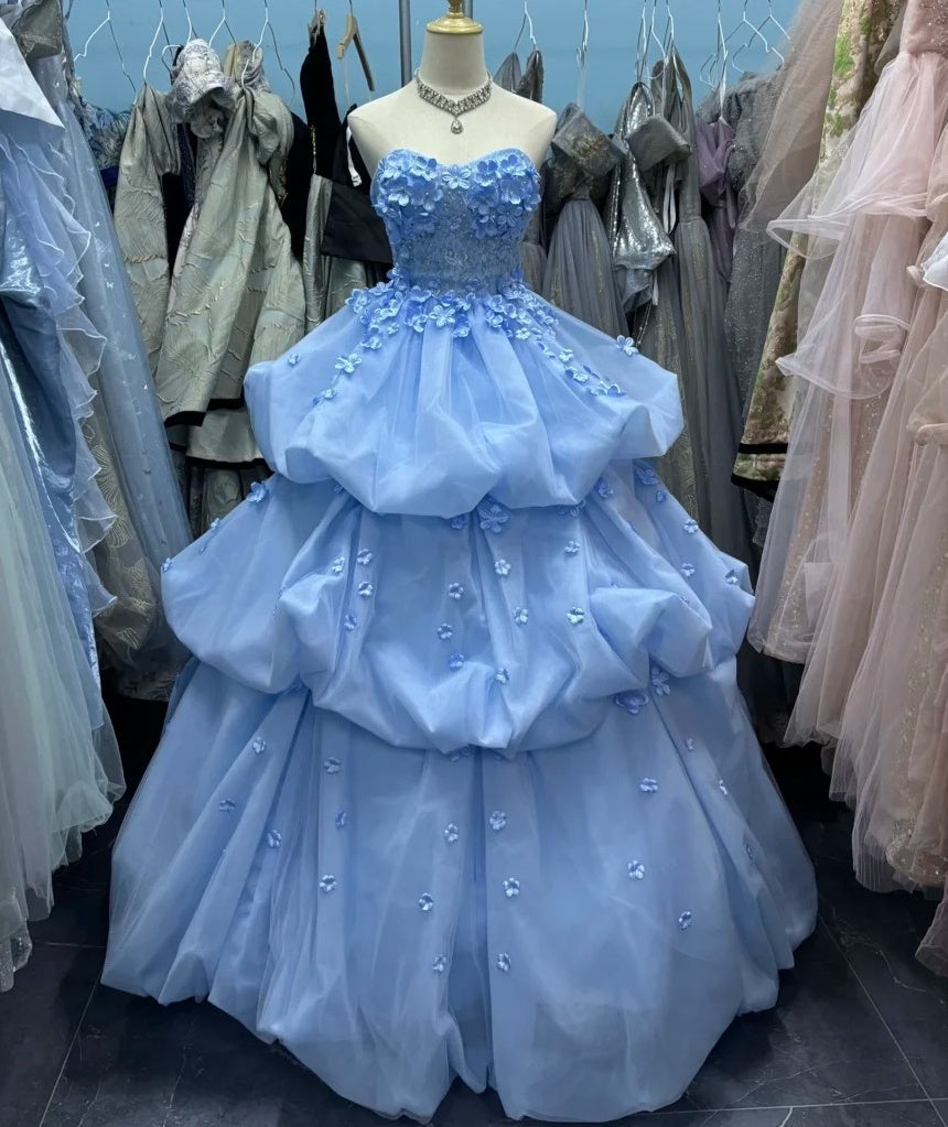 Chic Ball Gown Blue Sweetheart Pleated Floral Quinceanera Dress Evening Dress Gala Prom Gown D5042