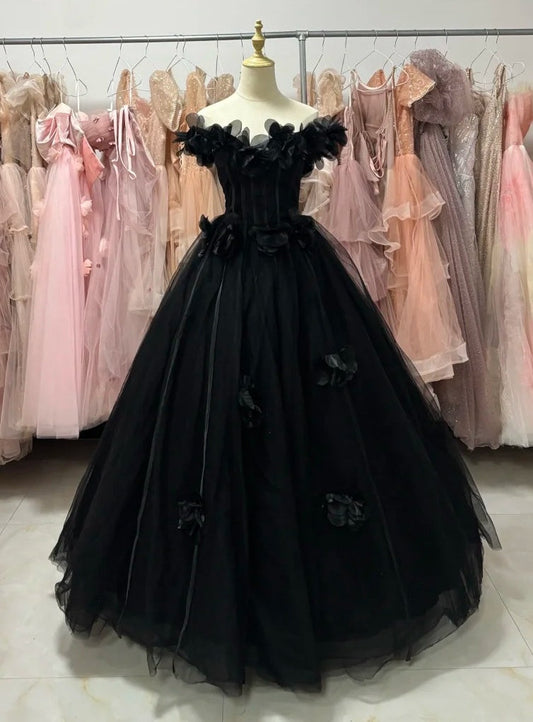 New Arrival Ball Gown Black Off Shoulder Tulle Quinceanera Dress Evening Dress Gala Prom Gown D5044