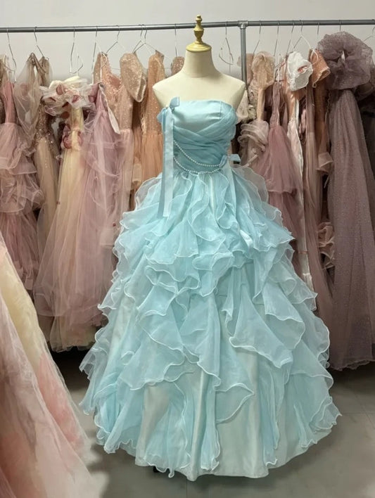 90s Retro Ball Gown Strapless Ruffle Quinceanera Dress Evening Dress Gala Prom Gown D5045