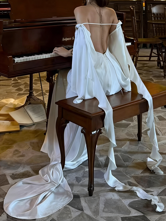 Beauty Prom Dress White Off Shoulder Pleated Blackless Gala Gown Evening Dress Birthday Party Outfits D5053