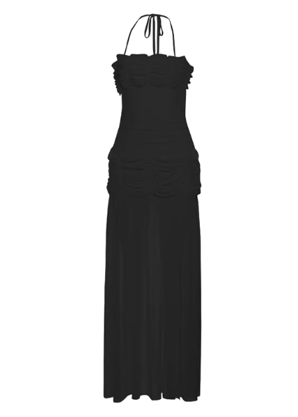 Sexy Prom Dress Black Halter Pleated Tulle Gala Gown Evening Dress Birthday Party Outfits D5059