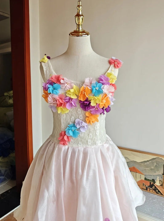 Colorful Homecoming Dress Crew Neck Pleated Floral Short Prom Dress Back to School Outfits Graduation Dress D5062