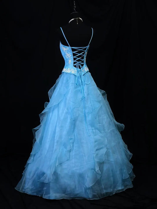 Beauty A Line Prom Dress Light Blue Spaghetti Straps Ruffle Formal Gown Evening Dress 18th Outfits D5064