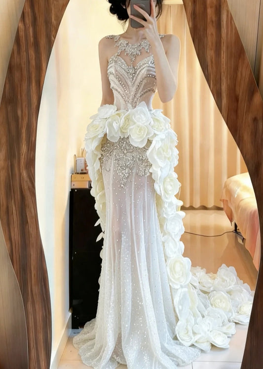 Gorgeous Prom Dress White Sweetheart Flower Pleated Formal Gown Evening Dress Gala Dress D5071