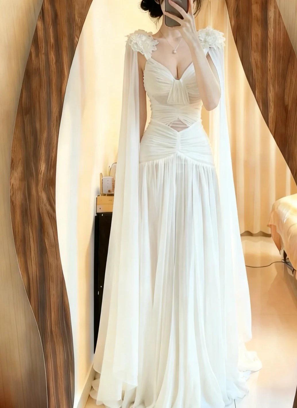 Charming Prom Dress White V-neck Pleated Formal Gala Gown Evening Dress Birthday Party Dress D5081