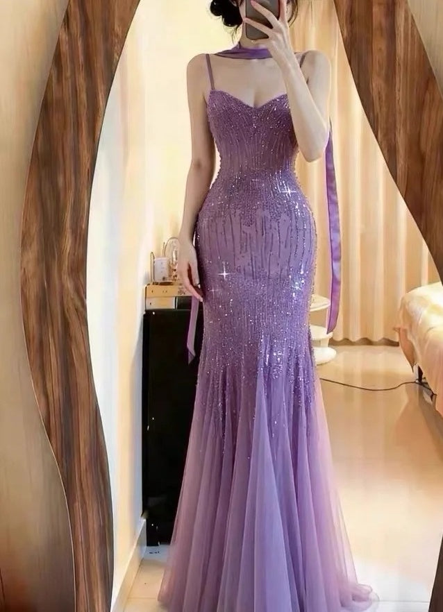Sparkling Prom Dress Spaghetti Straps Pleated Mermaid Formal Gala Gown Graduation Outfits Evening Dress D5087