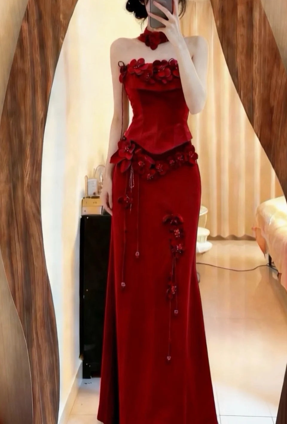 Elegant Prom Dress Strapless Flower Formal Gala Gown Evening Dress Graduation Outfits D5092