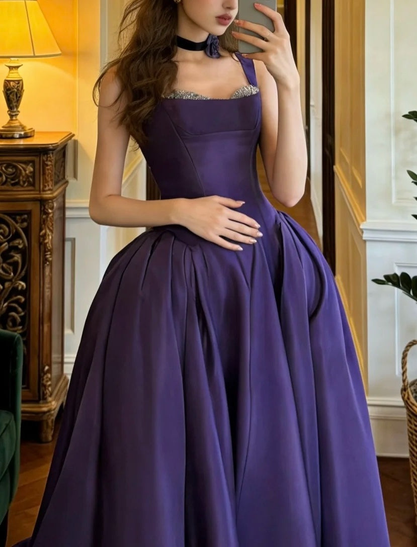 Elegant Prom Dress Dark Purple Straps Pleated Formal Gala Gown Evening Dress Graduation Outfits D5094
