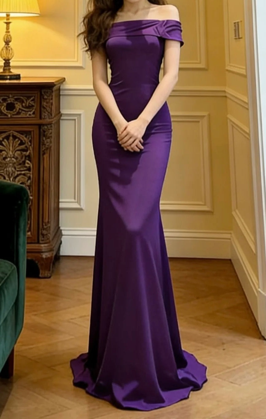 Elegant Prom Dress Purple Satin Off Shoulder Mermaid Formal Gala Gown Evening Dress Graduation Outfits D5103