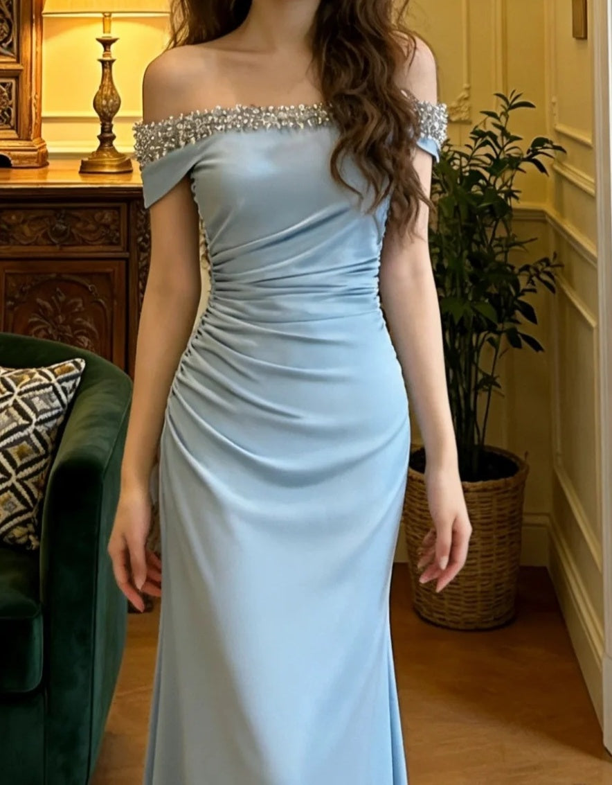 Elegant Prom Dress Light Blue Off Shoulder Pleated Gala Gown Formal Evening Dress Graduation Outfits D5106