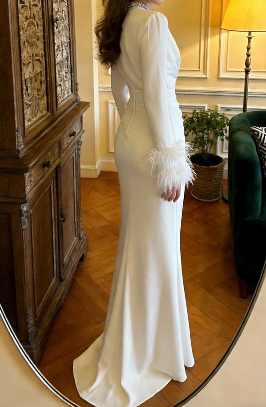 Stunning Prom Dress White Crew Neck Pleated Mermaid Gala Gown Formal Evening Dress Graduation Outfits D5110