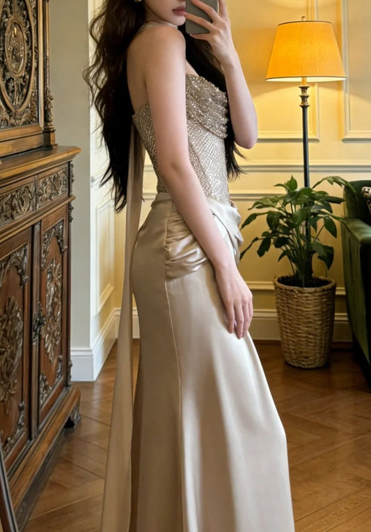 Shiny Prom Dress Strapless Pleated Formal Gala Gown Evening Dress Party Outfits D5125