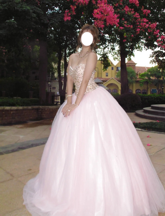 Sparkling Ball Gown Light Pink Sweetheart Tulle Evening Dress Quinceanera Dress 18th Birthday Prom Gown D5135