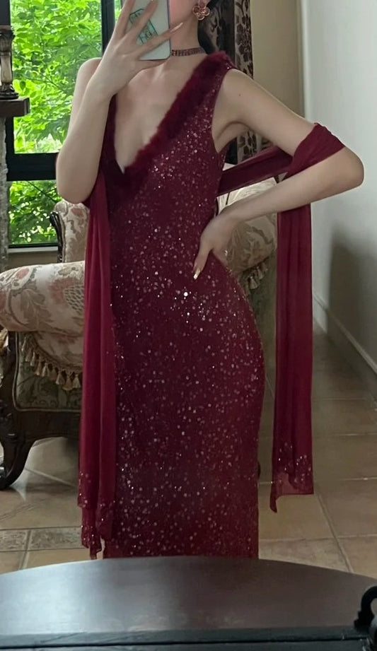 90s Shiny Prom Dress Wine Red V-neck Gala Gown Evening Dress Birthday Party Outfits D5139