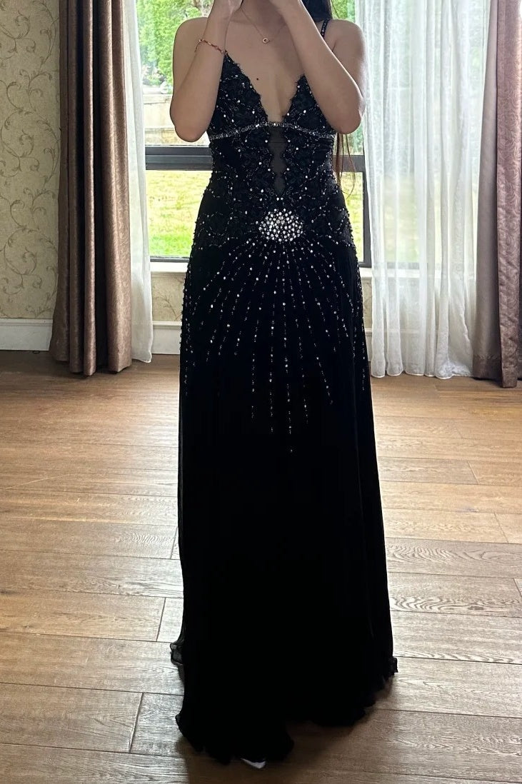 90s Stunning Prom Dress Black Spaghetti Straps Beading Formal Gala Gown Evening Dress Birthday Party Outfits D5142