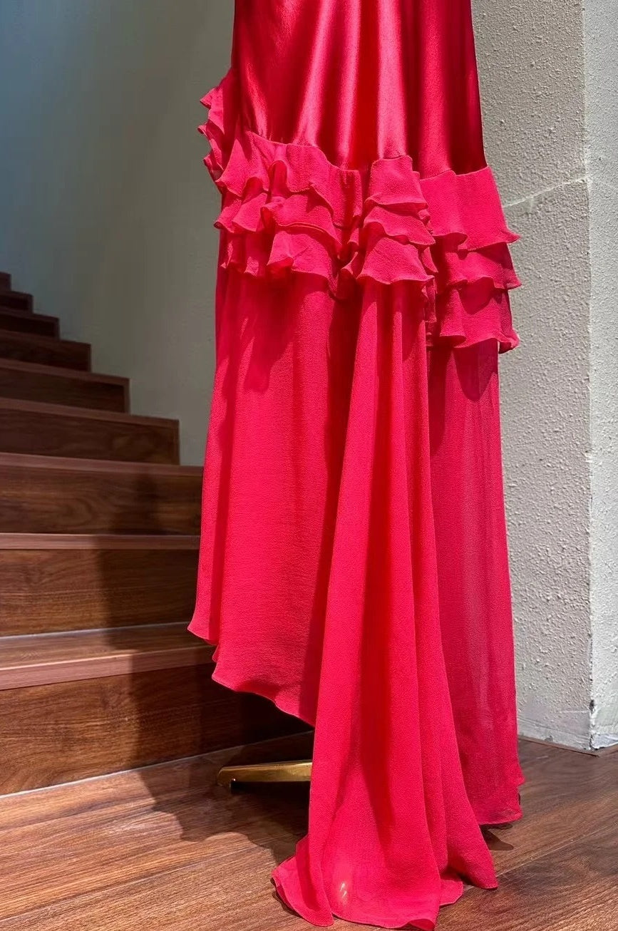 Vintage Prom Dress Red Straps Ruffle Pleated Formal Gala Gown Evening Dress Birthday Party Outfits D5144