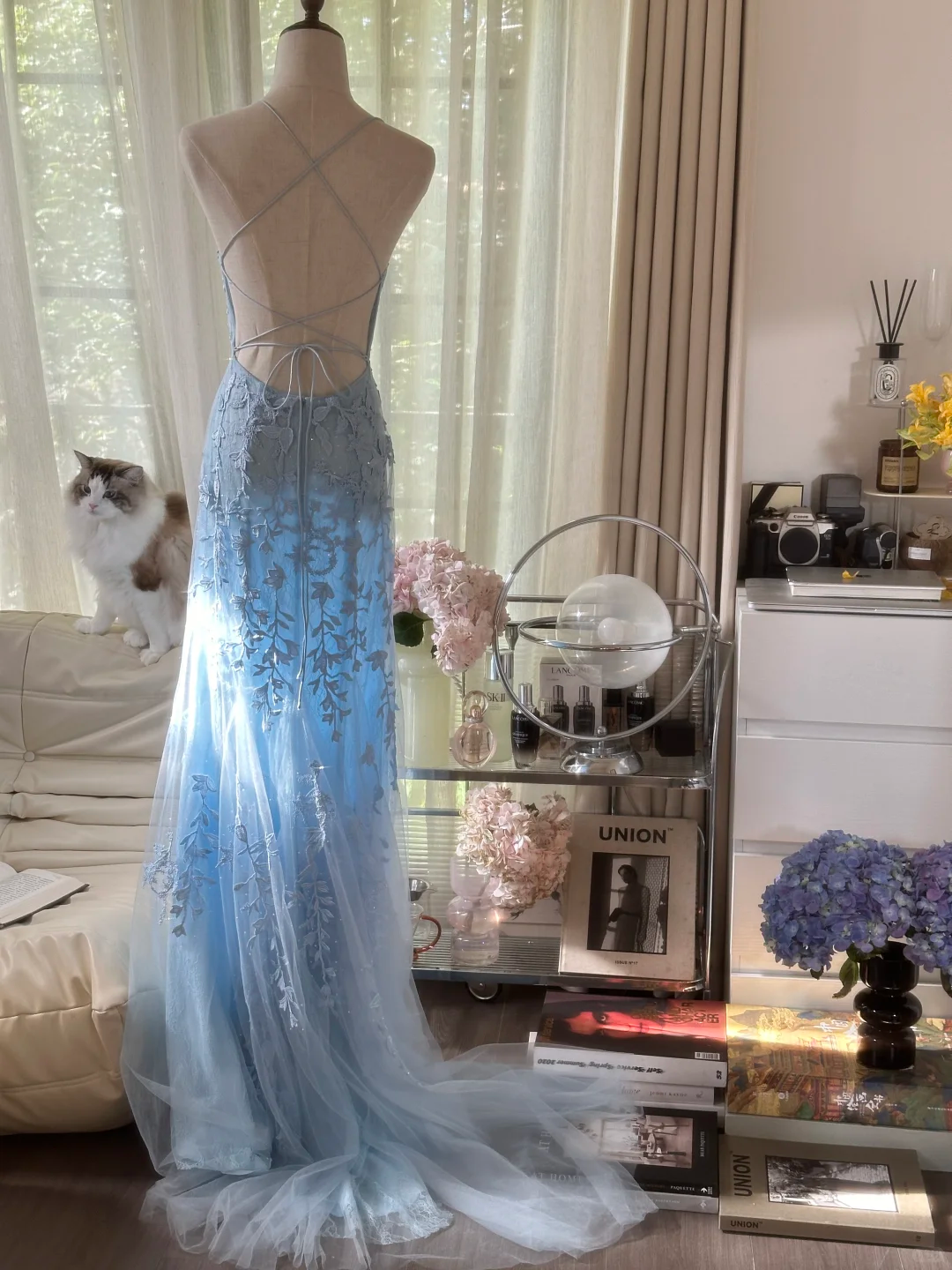 Retro Light Blue Applique Backless Design Romantic Chiffon Evening Dress Prom Dress D1483