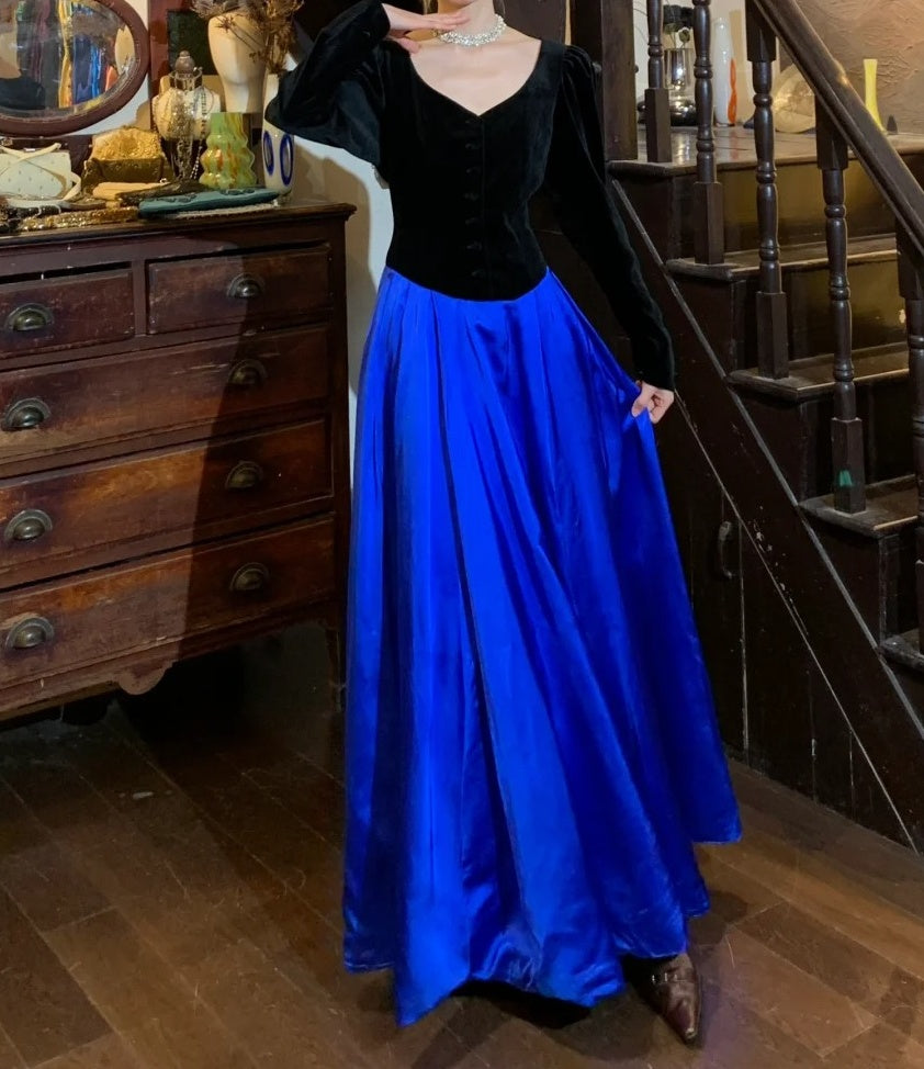 90s Retro Prom Dress A Line V-neck Pleated Gala Gown Evening Dress Formal Dress D5199