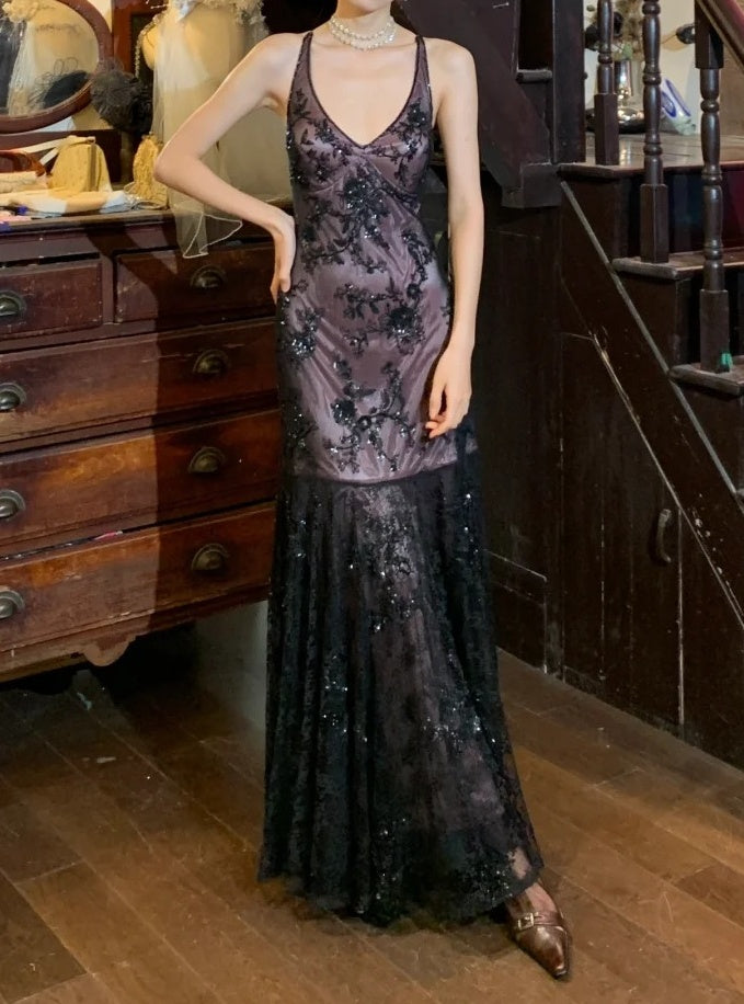 90s Vintage Prom Dress V-neck Mermaid Gala Gown Formal Evening Dress 18th Birthday Party Dress D5216