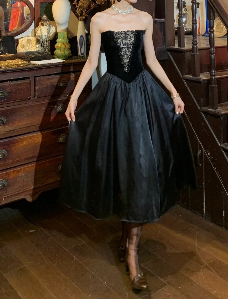 Retro 90s Prom Dress Black A Line Strapless Gala Gown Formal Evening Dress 18th Birthday Party Dress D5223