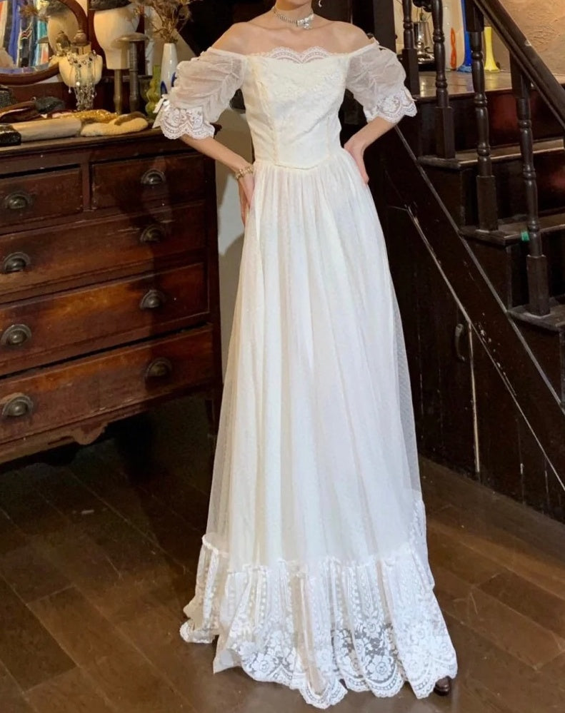 Charming 90s Wedding Dress A Line Off Shoulder Pleated Wedding Dress Party Dress D5226