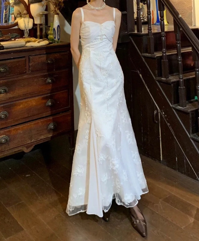 Vintage 90s Wedding Dress Spaghetti Straps Mermaid Wedding Dress for Garden Wedding D5227