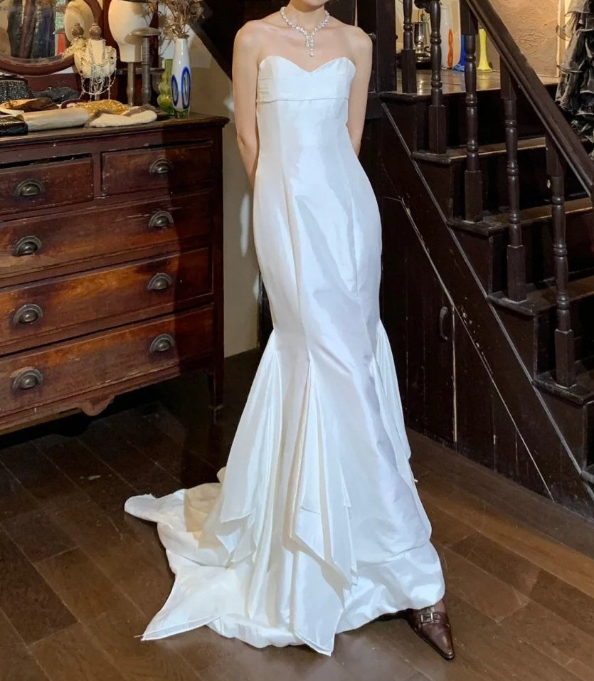 Vintage 90s Wedding Dress Satin White Sweetheart Mermaid Wedding Dress for Garden Wedding D5229