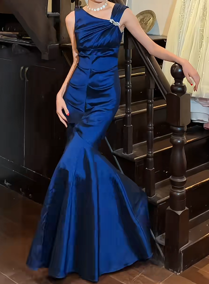 Retro 90s Prom Dress Navy Blue Asymmetrical Neck Mermaid Gala Gown Formal Evening Dress 18th Graduation Dress D5240