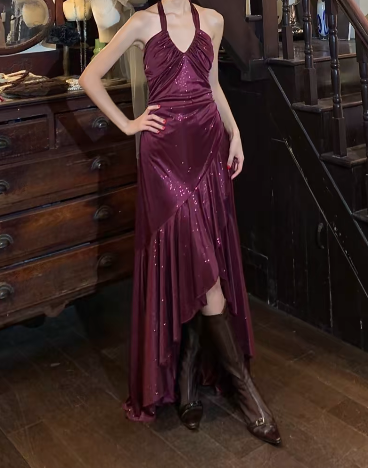 Shiny 90s Prom Dress Halter Pleated Gala Gown Evening Dress Graduation Dress D5243