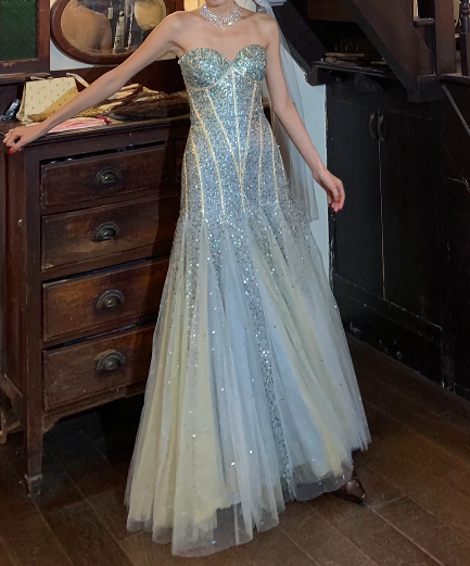 Shiny Prom Dress Sweetheart Tulle Mermaid Gala Gown Evening Dress Birthday Party Dress D5248