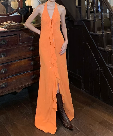 Retro 90s Prom Dress V-neck Backless Slit Gala Gown Evening Dress Birthday Party Dress D5254