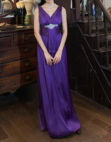 Elegant 90s Prom Dress Purple V-neck Pleated Gala Gown Evening Dress Birthday Party Dress D5256