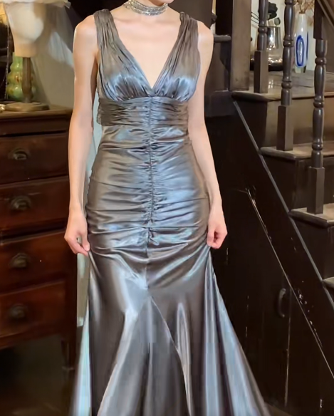 Vintage 50s Prom Dress V-neck Pleated Mermaid Gala Gown Evening Dress D5269