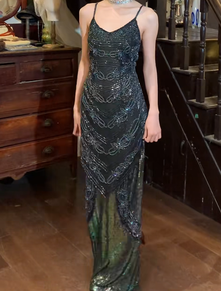 Retro 90s Prom Dress Spaghetti Straps Gala Gown Evening Dress D5281