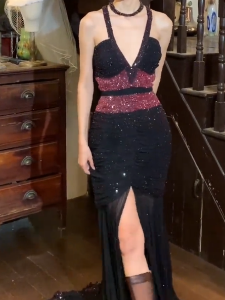 Charming 90s Prom Dress Halter Mermaid Gala Gown Evening Dress D5288